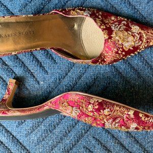 Beaded brocade mules